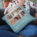 Cojín Decorativo Color de fondo editable Collage de fotos de nuestr<br><div class="desc">Almohada con las palabras "Nuestra Familia" en una elegante letra blanca con 4 fotos con un borde blanco alrededor de ellas dispuestas lado a lado en el frente y en el reverso, lo que hace un total de 8 fotos que puedes reemplazar con tus propias fotos contra un color de...</div>