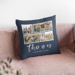 Cojín Decorativo Color de fondo editable Este es el Collage de foto<br><div class="desc">Pillow mostrando las palabras "este somos nosotros" en un guión elegante de color blanco con 4 fotos con un borde blanco alrededor de ellas dispuestas uno al lado del otro en la parte delantera y la parte posterior, lo que hace que 8 fotos en total puedan reemplazarse con sus propias...</div>