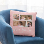 Cojín Decorativo Color de fondo editable Nuestro Collage de fotos f<br><div class="desc">Almohada con las palabras "Nuestra familia" en un guión elegante de color blanco con 4 fotos con un borde blanco alrededor de ellas dispuestas uno al lado del otro en la parte delantera y la parte posterior, lo que hace que 8 fotos en total puedan reemplazarse con sus propias fotos...</div>