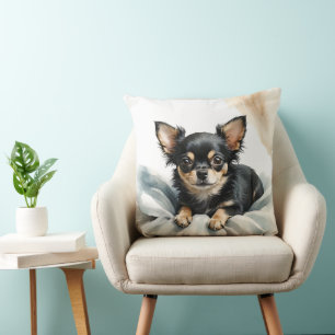 COJÍN DECORATIVO COLOR DEL AGUA TAN Y PERRO CHIHUAHUA DE LARGO PELO