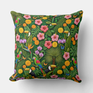 Cojín Decorativo Colores alegres aves de la selva flores tropicales