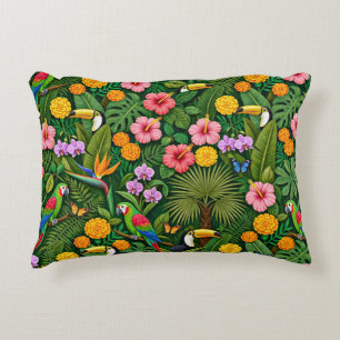 Cojín Decorativo Colores alegres aves de la selva flores tropicales