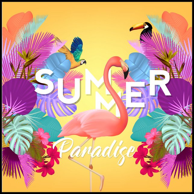 Cojín Decorativo Colores de verano (A vibrant summer-themed graphic design features a flamingo as the central element.)