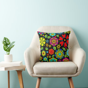 Cojín Decorativo Colores Neón Sobre Patrón Floral Retro Sin Costura