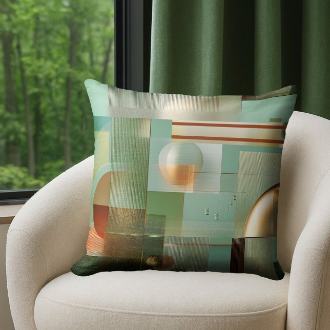 Cojín Decorativo Colorful Modern Abstract Teal Gold  (Pillow featuring a modern Bauhaus style abstract design in green, teal and gold.)