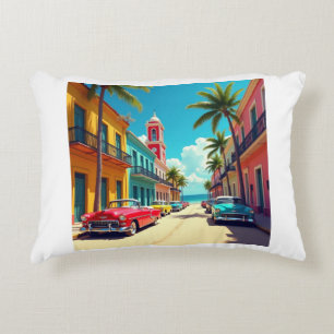 Cojín Decorativo Colorida calle cubana con automóviles clásicos