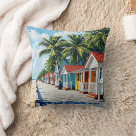 Cojín Decorativo Coloridas Cabañas Tropicales Vibrantes de Playa