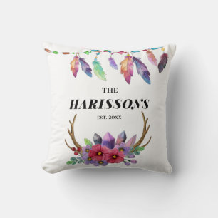 Cojín Decorativo Coloridas plumas de boho y familia de Personalizad