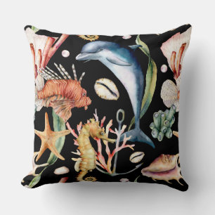 Cojín Decorativo Colorido animal acuático submarino LIfe Negro
