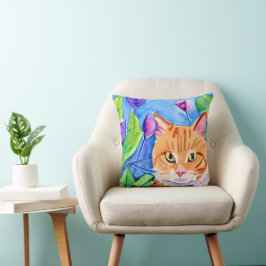 Cojín Decorativo Colorido arte acuático | Gato Naranja y flores