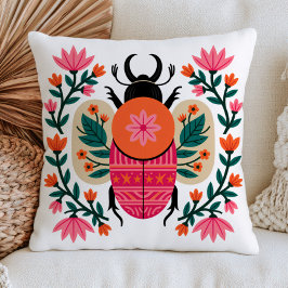 Cojín Decorativo Colorido Insecto Escarabajo Arte Folclórico Floral