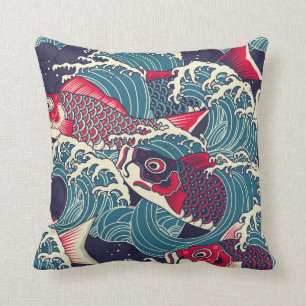 Cojín Decorativo Colorido japonés Koi/carpa pescado en la marea
