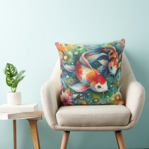 Cojín Decorativo Colorido Koi Fish Whimsical Watercolor Naranja Ver