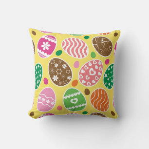 Cojín Decorativo Colorido Patrón de Huevos de Pascua Fondo Amarillo