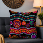 Cojín Decorativo Colorido patrón tribal de arte de dot australiano<br><div class="desc">Este diseño moderno presenta un colorido patrón de puntos tribales pintados en naranja brillante,  morado,  verde,  turquesa y blanco sobre un fondo negro.</div>