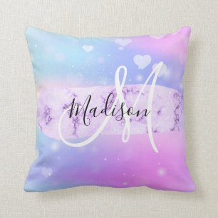 Cojín Decorativo Colorido Unicornio Corazones Arcoíris Monograma Fe