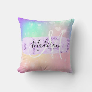 Cojín Decorativo Colorido Unicornio Corazones Arcoíris Monograma Fe
