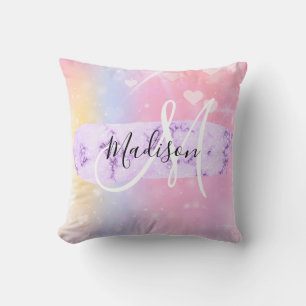 Cojín Decorativo Colorido Unicornio Corazones Arcoíris Monograma Fe