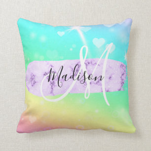 Cojín Decorativo Colorido Unicornio Corazones Arcoíris Monograma Fe