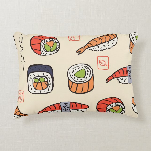 Cojín Decorativo Comida de sushi, diseño de patrones impecable. (Anverso)