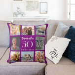 Cojín Decorativo Composición de fotos personalizada púrpura<br><div class="desc">Un regalo único para un cumpleaños 21,  celebrando su vida con un collage de 8 fotos,  fotos propias. Personalice y añada su nombre,  edad y fecha. Color de fondo morado profundo,  texto blanco. El nombre está escrito con una escritura de estilo con letras a mano moderna.</div>