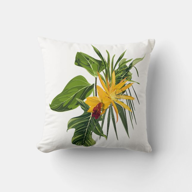 Cojín Decorativo Composición de palmas tropicales y flores. (Anverso)