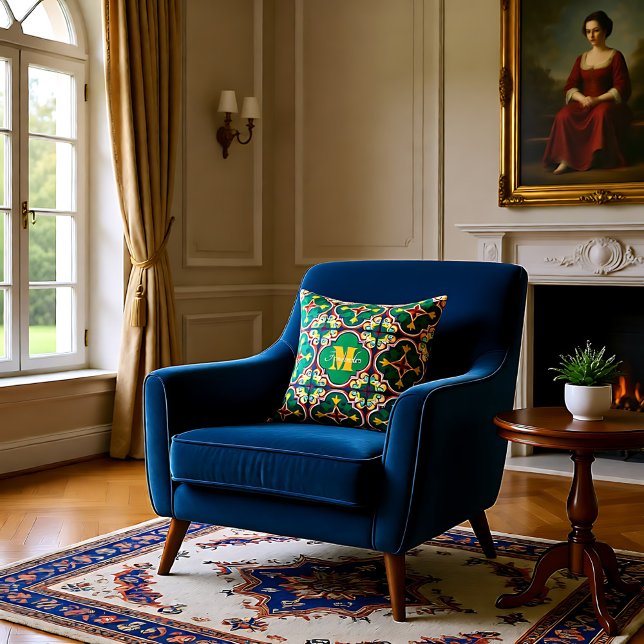 Cojín Decorativo Con Azulejos monogramo, patrón de Lisboa (With monogram Azulejos, pattern from Lisbon Throw Pillow)