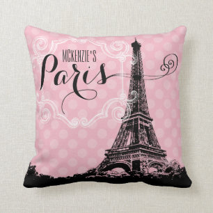 Cojín Decorativo Con monograma rosado femenino de la torre Eiffel