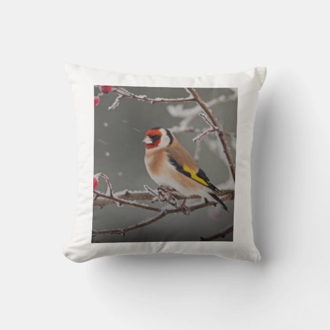 Cojín decorativo con pájaro en invierno (Anverso)
