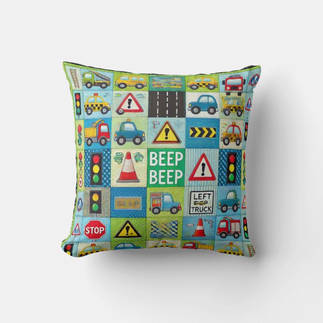 🚗🚚 Cojín decorativo con patrón de coches y camio (Anverso)