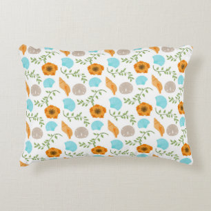 Cojín Decorativo Conchas Caracol Marino Flor Naranja Hojas Verdes