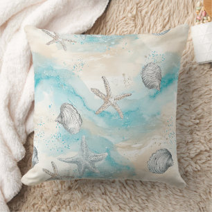 Cojín Decorativo Conchas Costeras Aqua & Estrella de Mar Brillante