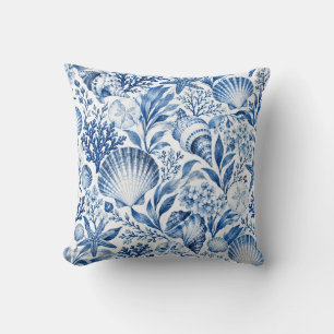 Cojín Decorativo Conchas Costeras Azules y Patrón de Estrellas de M