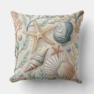 COJÍN DECORATIVO CONCHAS DE MAR VERDES Y MARRONES ESTRELLAS DE MAR 