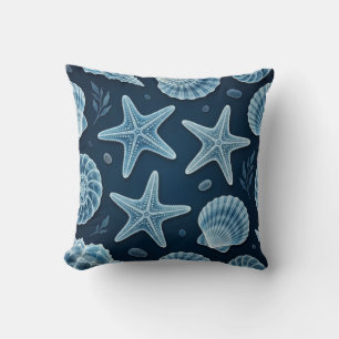 Cojín Decorativo Conchas Marinas Azules y Blancas Costeras