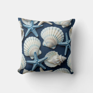 Cojín Decorativo Conchas Marinas Azules y Blancas Costeras