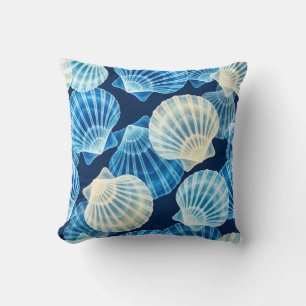 Cojín Decorativo Conchas Marinas Azules y Blancas Costeras