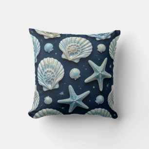 Cojín Decorativo Conchas Marinas Azules y Blancas Costeras