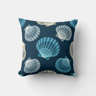 Cojín Decorativo Conchas Marinas Azules y Blancas Costeras