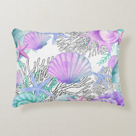 Cojín Decorativo Conchas marinas púrpura rosa azul verdoso y blanco