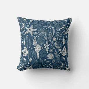 Cojín Decorativo Conchas marinas sobre azul oscuro