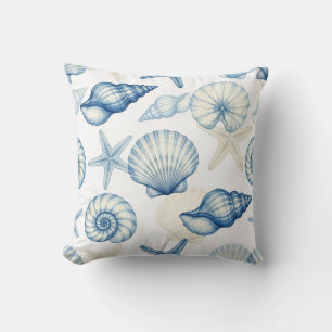 Cojín Decorativo Conchas marinas y estrellas de mar azules y blanca