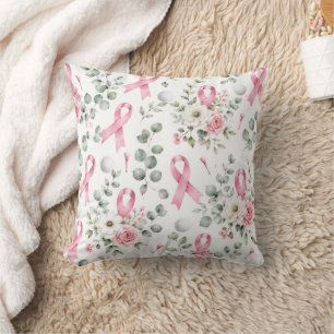 Cojín Decorativo Concientización sobre el Cáncer de Mama con lazo r