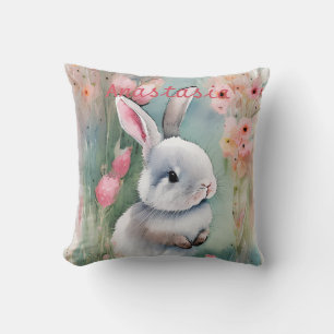 Cojín Decorativo Conejito adorable con flores de primavera en acuar