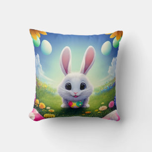 Cojín Decorativo Conejito Blanco Adorable con Huevos de Pascua