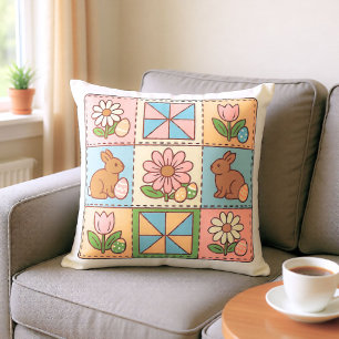Cojín Decorativo Conejito de Pascua pastel adorable con flores en p