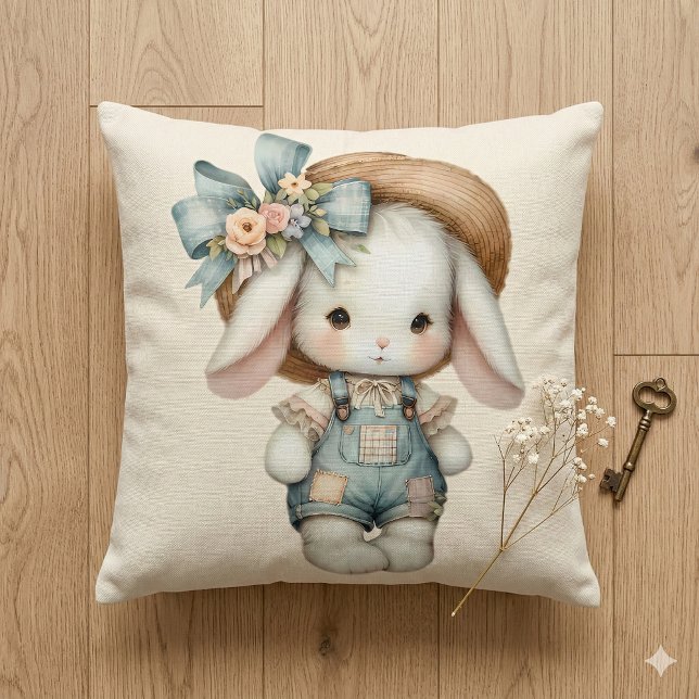 Cojín Decorativo Conejito lindo con overol, sombrero de paja y moño (Cute Bunny in Overalls with Straw Hat & Bow Throw Pillow Mockup D)