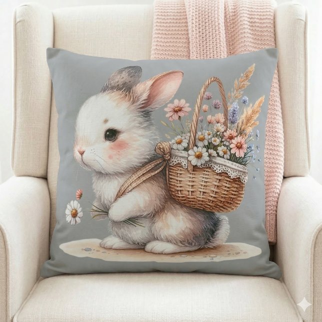 Cojín Decorativo Conejo Adorable con Flores Arte de Acuarela (Cute Bunny with Flowers Watercolor Art Throw Pillow Mockup A)