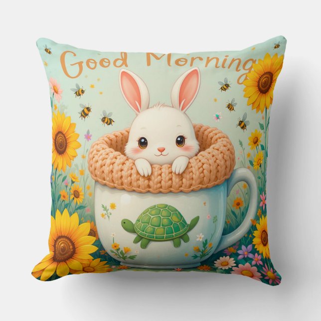 Cojín Decorativo Conejo Adorable en Mug rodeado de girasoles (Anverso)