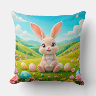 Cojín Decorativo Conejo Adorable en una Colorida Pradera de Primave
